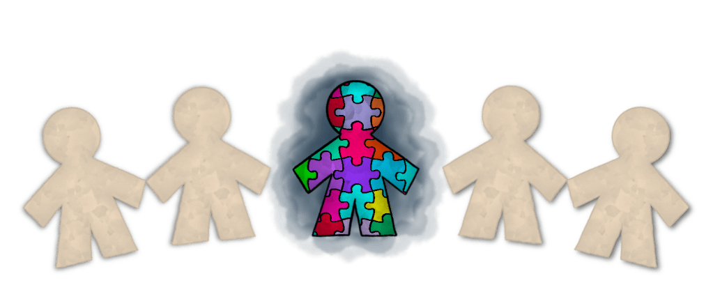 Illustration of five paper silhouettes of children holding hands. The middle one is surrounded by a cloud and contains colorful puzzle pieces within, a symbol of the autism spectrum.